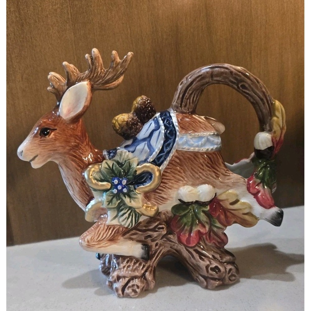 VTG 1997 Hermitage Pottery Reindeer Creamer  Ceramic Holiday Pitcher Cottagecore